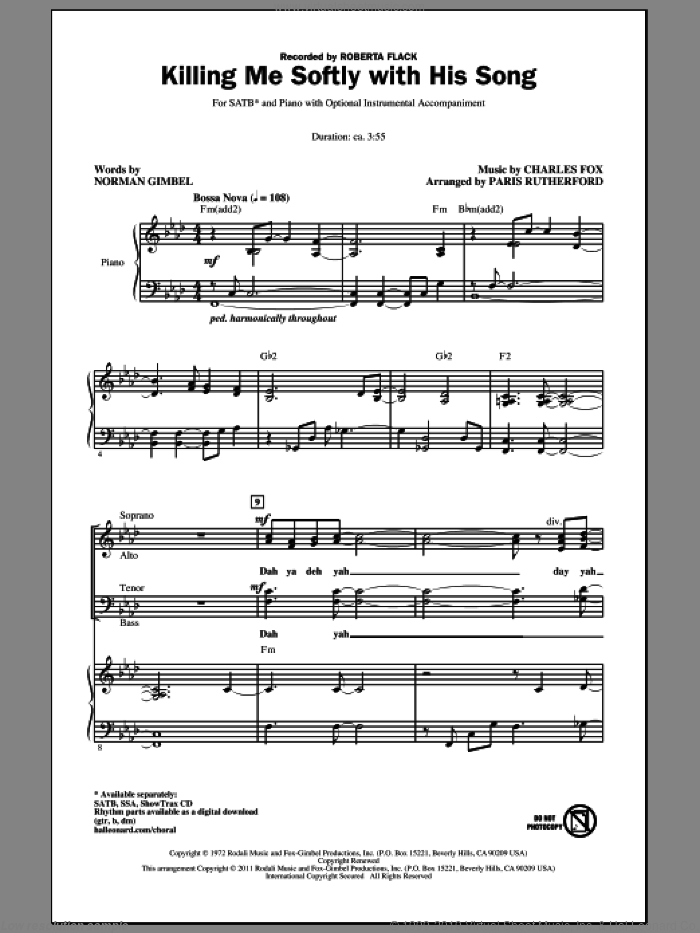 Killing Me Softly With His Song (arr. Paris Rutherford) sheet music for choir (SATB: soprano, alto, tenor, bass) by Norman Gimbel, Charles Fox, Paris Rutherford and Roberta Flack, intermediate skill level