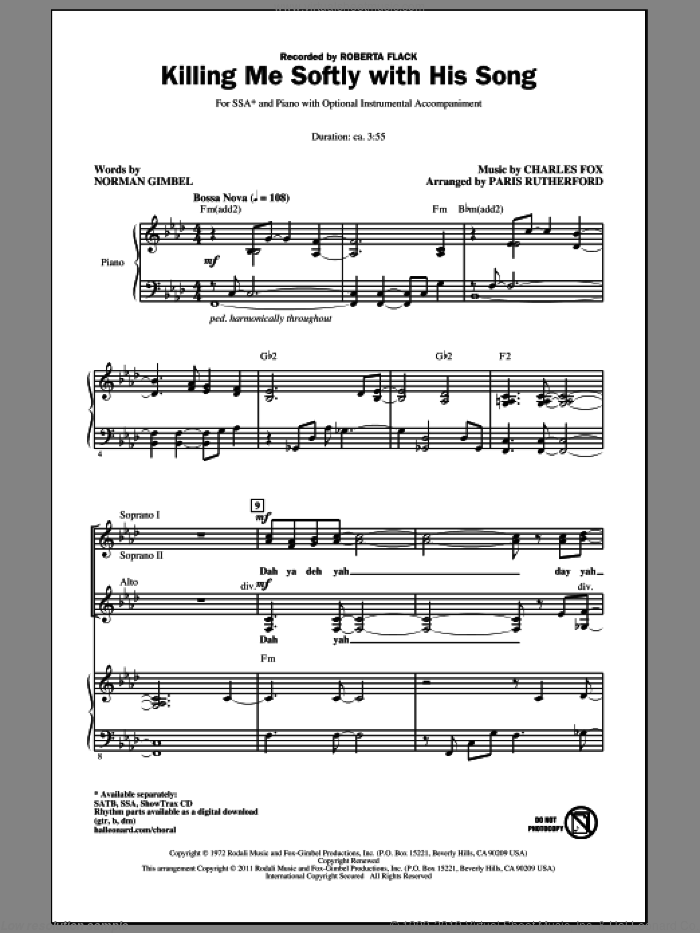 Killing Me Softly With His Song (arr. Paris Rutherford) sheet music for choir (SSA: soprano, alto) by Norman Gimbel, Charles Fox, Paris Rutherford and Roberta Flack, intermediate skill level