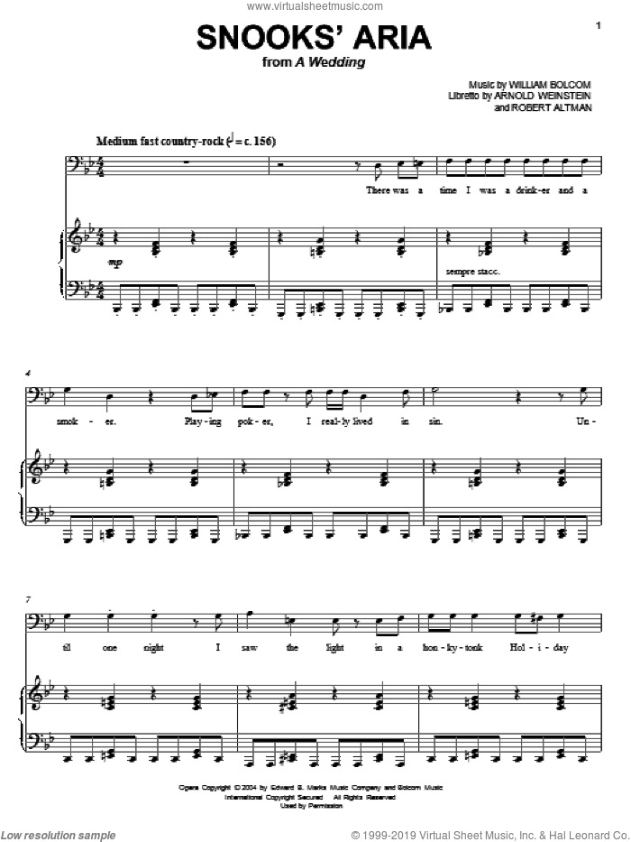 Snooks' Aria sheet music for voice and piano by William Bolcom, Arnold Weinstein and Robert Altman, classical score, intermediate skill level
