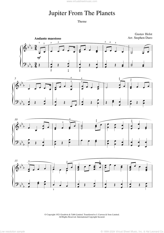 Jupiter (from The Planets, Op.32) sheet music for piano solo by Gustav Holst and Stephen Arr. Duro, classical score, intermediate skill level