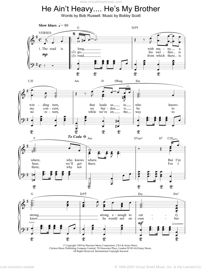He Ain't Heavy, He's My Brother sheet music for voice, piano or guitar by The Hollies, Neil Diamond, Bob Russell and Bobby Scott, intermediate skill level