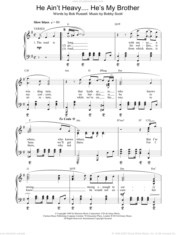 He Ain't Heavy, He's My Brother sheet music for voice, piano or guitar by The Hollies, Neil Diamond, Bob Russell and Bobby Scott, intermediate skill level