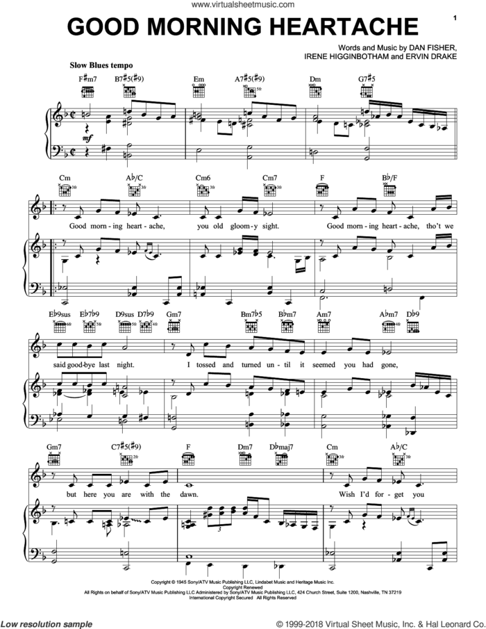 Good Morning Heartache sheet music for voice, piano or guitar by Billie Holiday, Diana Ross, Dan Fisher, Ervin Drake and Irene Higginbotham, intermediate skill level