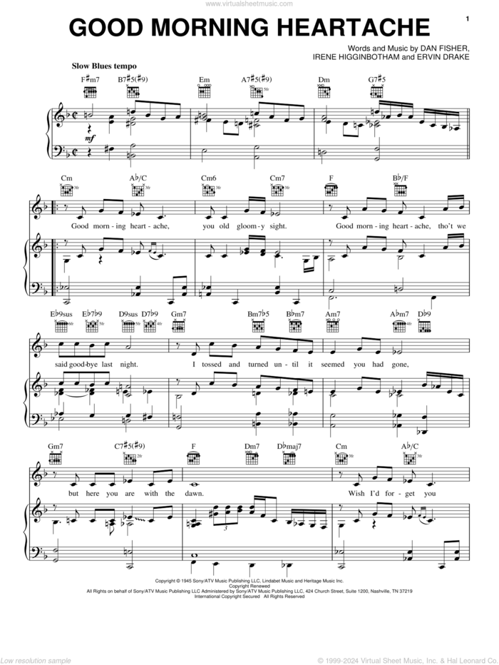 Good Morning Heartache sheet music for voice, piano or guitar by Billie Holiday, Diana Ross, Dan Fisher, Ervin Drake and Irene Higginbotham, intermediate skill level