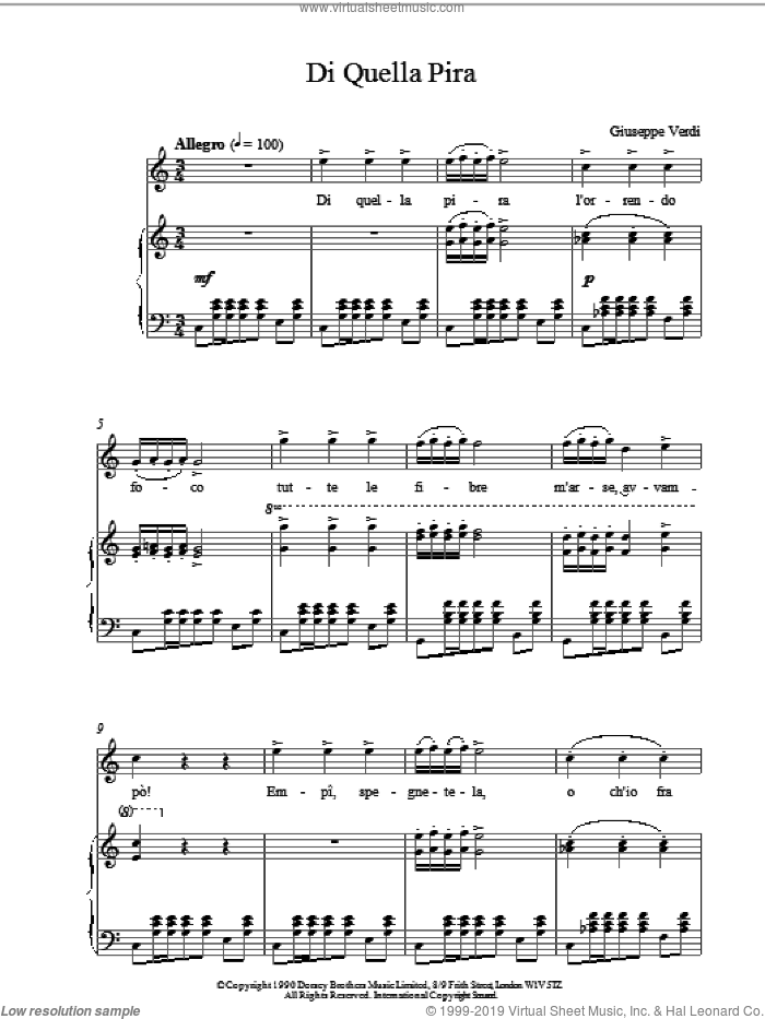 Di Quella Pira sheet music for voice, piano or guitar by Giuseppe Verdi, classical score, intermediate skill level