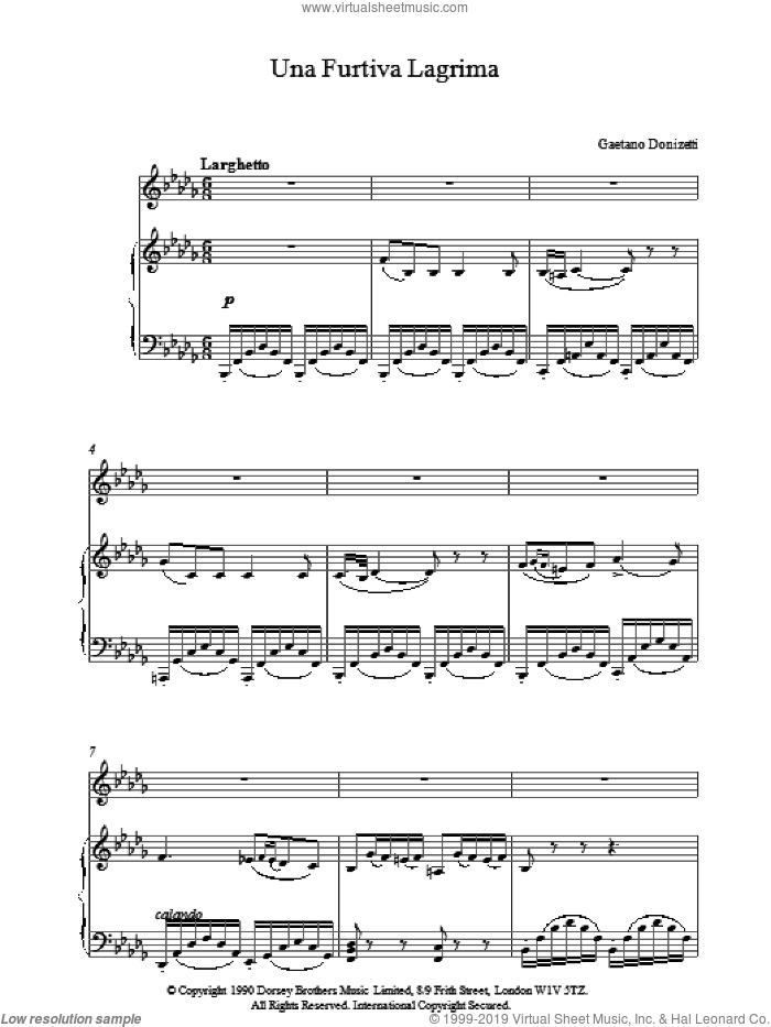 Una Furtiva Lagrima sheet music for voice, piano or guitar by Gaetano Donizetti, classical score, intermediate skill level