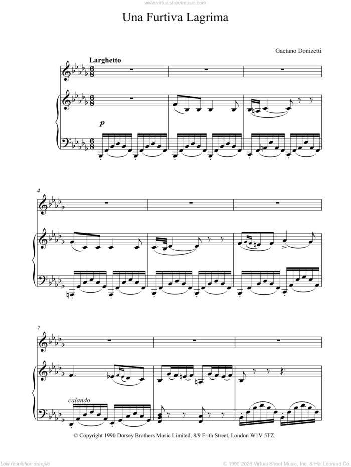 Una Furtiva Lagrima sheet music for voice, piano or guitar by Gaetano Donizetti, classical score, intermediate skill level
