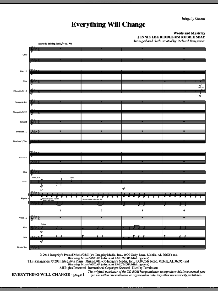 Everything Will Change (complete set of parts) sheet music for orchestra/band (Orchestra) by Jennie Lee Riddle, Richard Kingsmore and Robbie Seay, intermediate skill level
