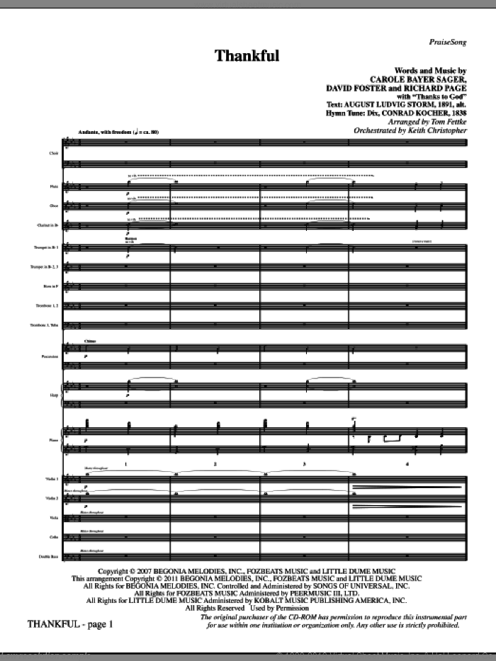 Thankful (complete set of parts) sheet music for orchestra/band (Orchestra) by David Foster, Carole Bayer Sager, Richard Page, Josh Groban and Tom Fettke, intermediate skill level