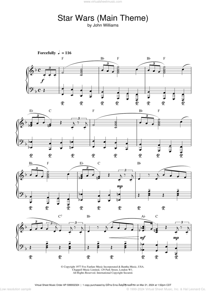 Star Wars (Main Theme) sheet music for piano solo by John Williams, intermediate skill level