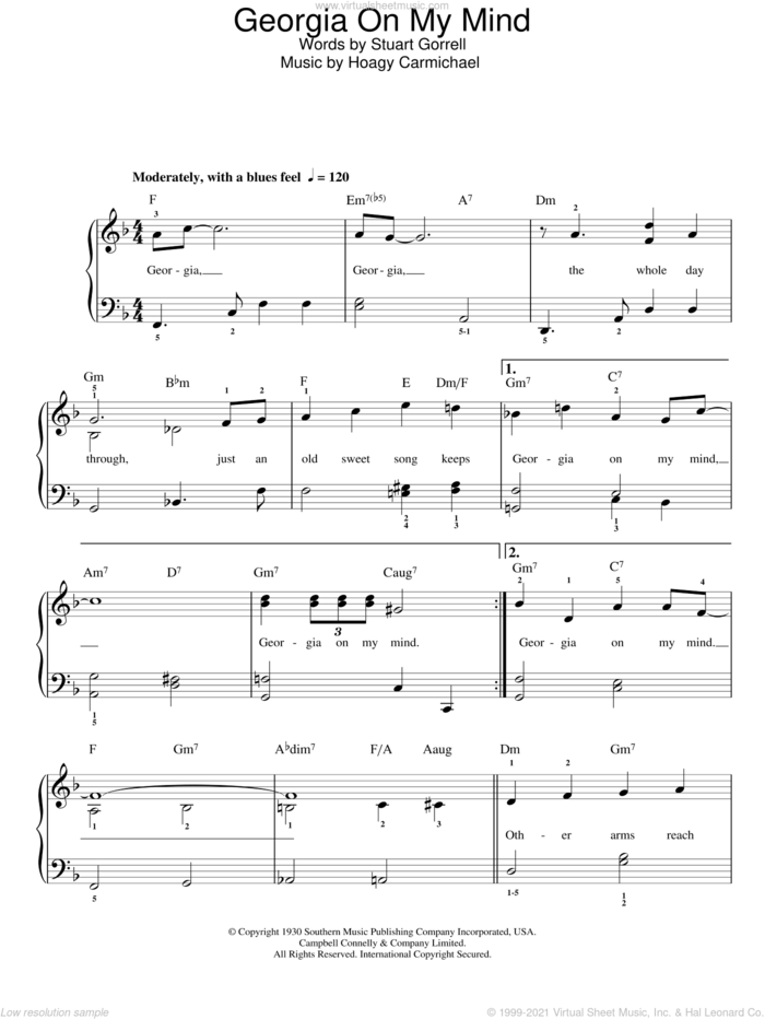 Georgia On My Mind sheet music for piano solo by Ray Charles, Hoagy Carmichael and Stuart Gorrell, easy skill level