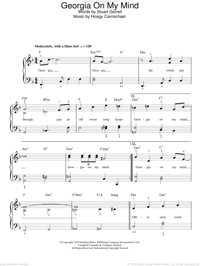 Georgia On My Mind sheet music for piano solo by Ray Charles, Hoagy Carmichael and Stuart Gorrell, easy skill level