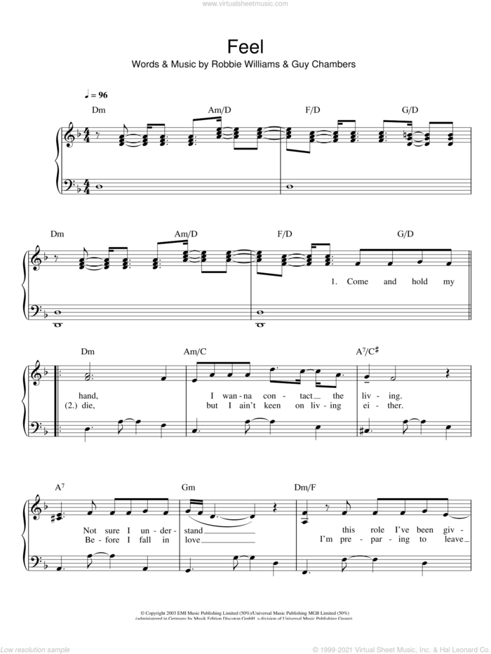 Feel sheet music for piano solo by Robbie Williams and Guy Chambers, easy skill level