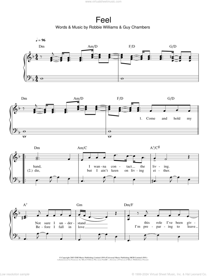 Feel sheet music for piano solo by Robbie Williams and Guy Chambers, easy skill level