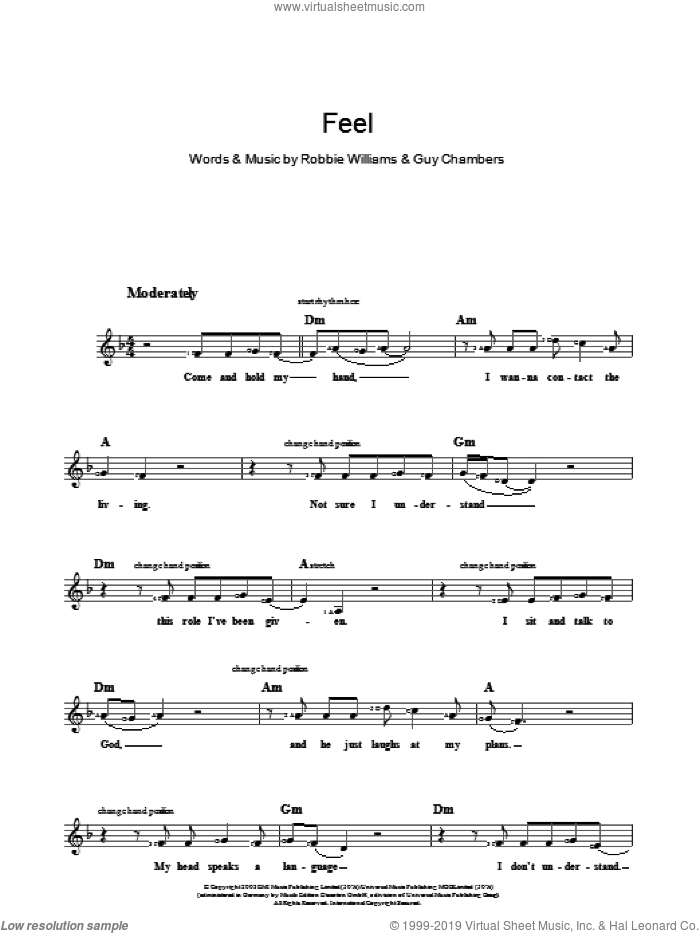 Feel sheet music for piano solo (chords, lyrics, melody) by Robbie Williams and Guy Chambers, intermediate piano (chords, lyrics, melody)