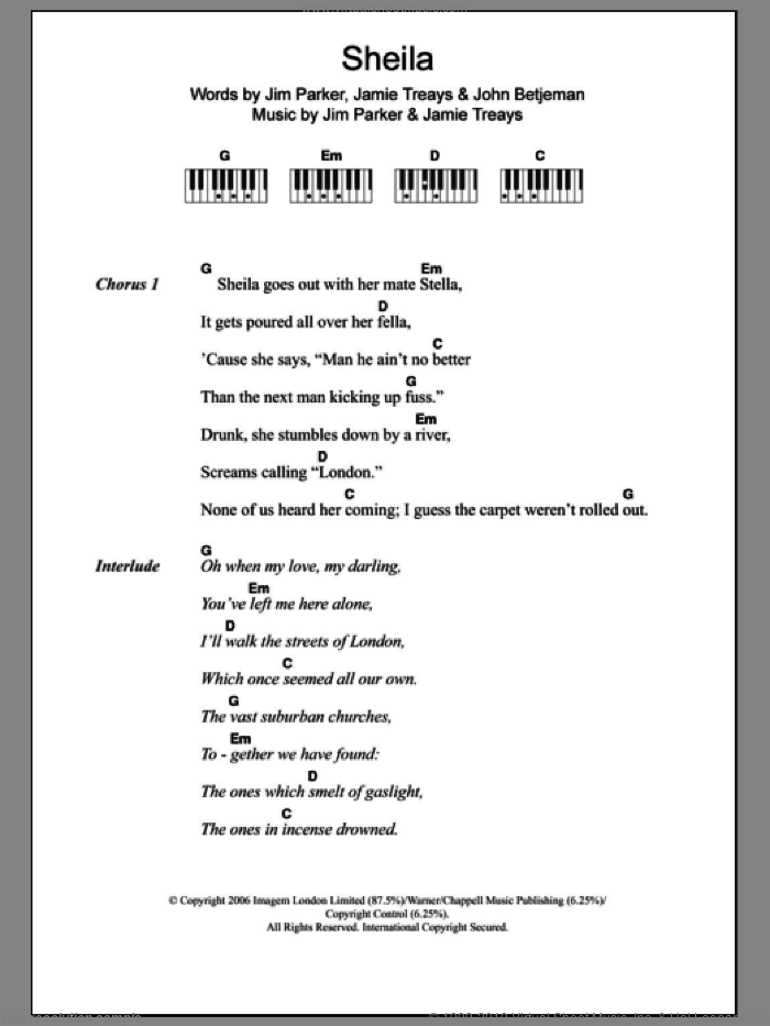 Sheila sheet music for piano solo (chords, lyrics, melody) by Jamie T, Jamie Treays, Jim Parker and John Betjeman, intermediate piano (chords, lyrics, melody)