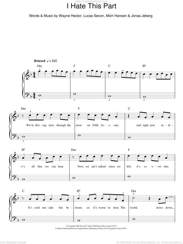 I Hate This Part sheet music for piano solo by Wayne Hector, The Pussycat Dolls, Jonas Jeberg, Lucas Secon and Mich Hansen, easy skill level