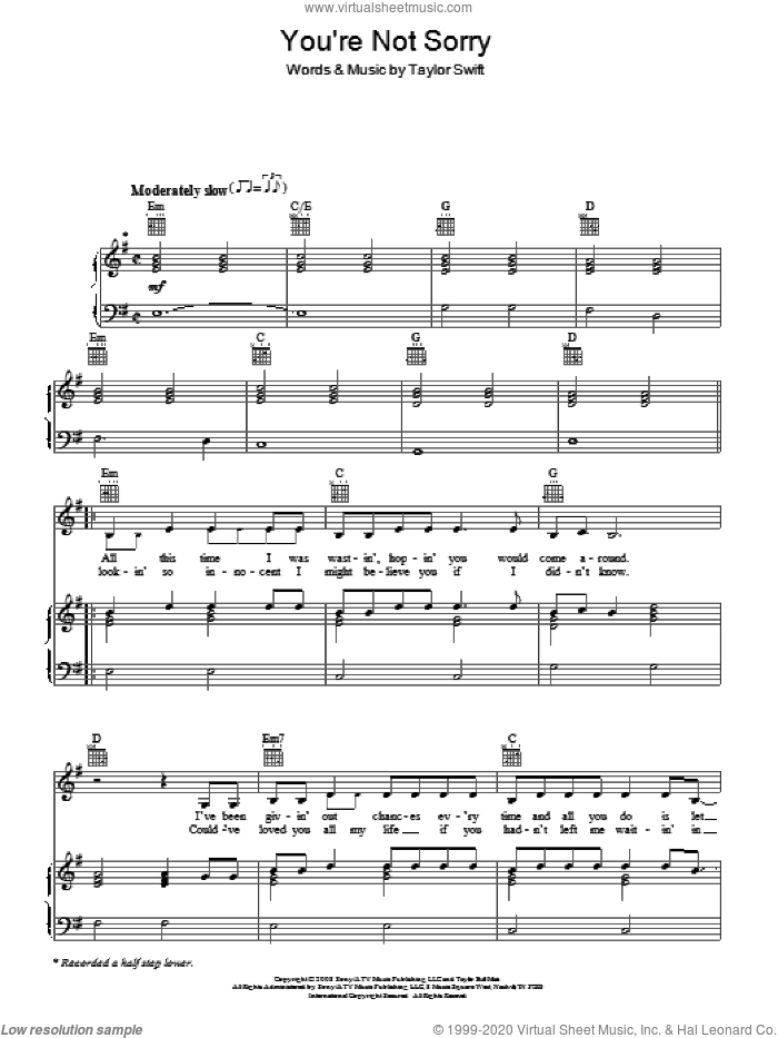 You're Not Sorry sheet music for voice, piano or guitar by Taylor Swift, intermediate skill level