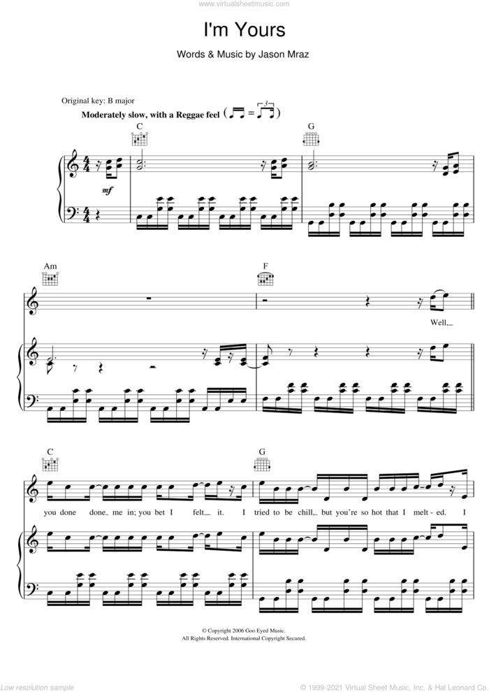 I'm Yours sheet music for voice, piano or guitar by Jason Mraz, intermediate skill level