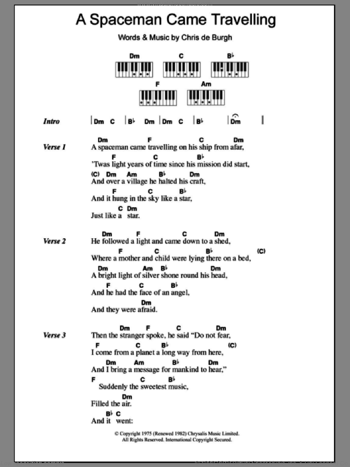 A Spaceman Came Travelling sheet music for piano solo (chords, lyrics, melody) by Chris de Burgh, intermediate piano (chords, lyrics, melody)