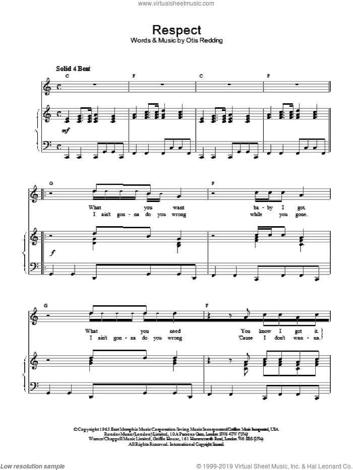 Respect sheet music for voice, piano or guitar by Otis Redding, intermediate skill level