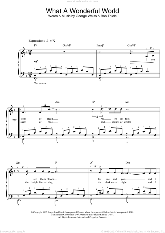 What A Wonderful World, (easy) sheet music for piano solo by Louis Armstrong, Bob Thiele and George David Weiss, easy skill level