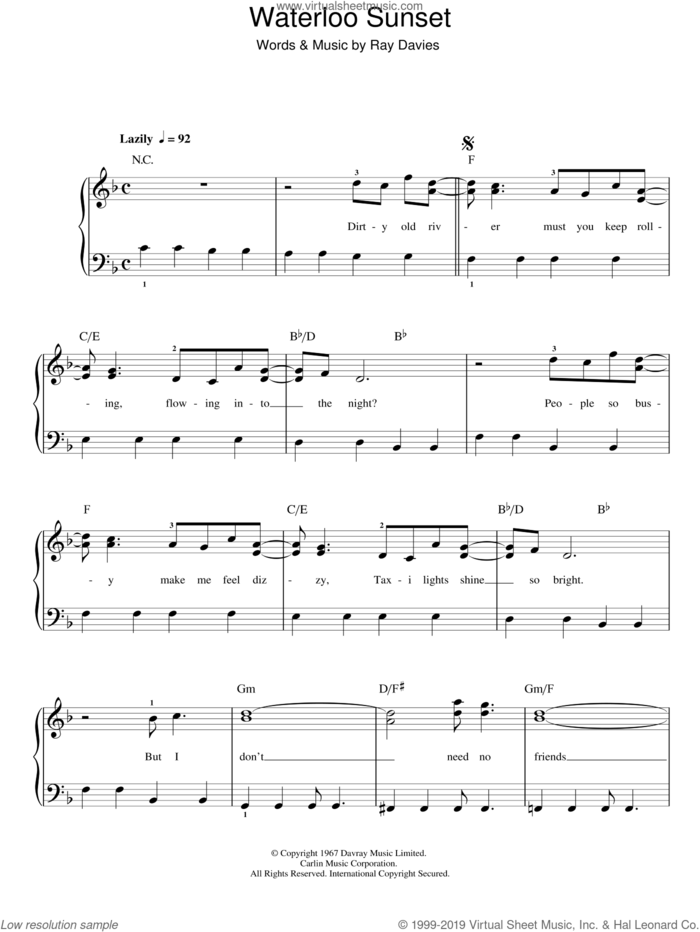 Waterloo Sunset sheet music for piano solo by Ray Davies, easy skill level