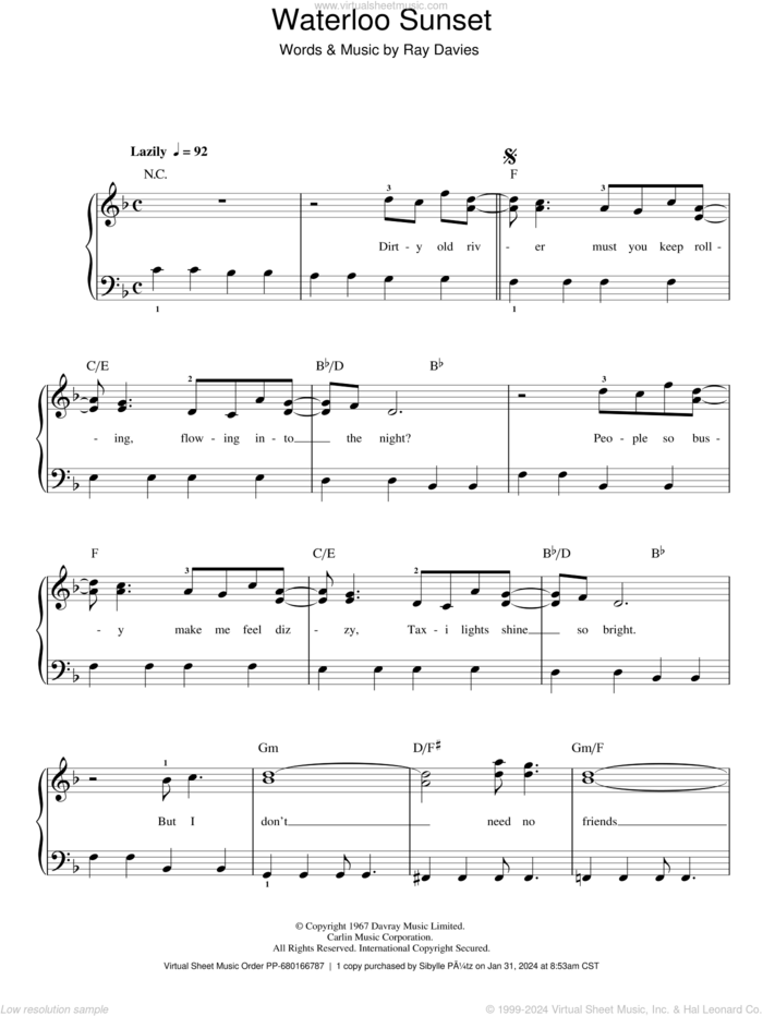 Waterloo Sunset sheet music for piano solo by Ray Davies, easy skill level