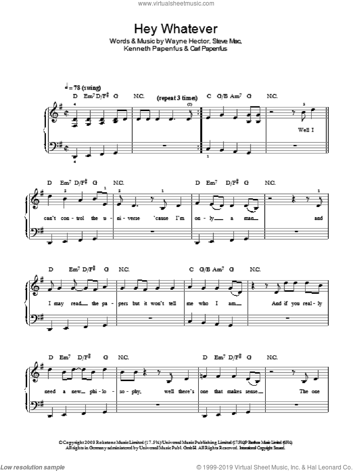 Hey Whatever sheet music for piano solo by Westlife, Carl Papenfus, Kenneth Papenfus, Steve Mac and Wayne Hector, easy skill level