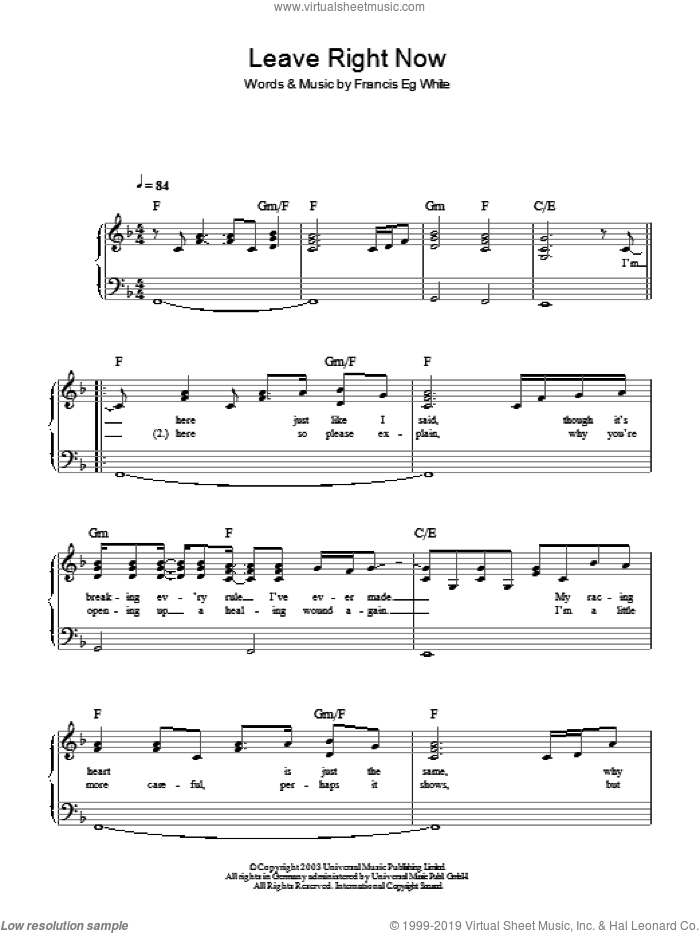 Leave Right Now, (easy) sheet music for piano solo by Will Young and Francis White, easy skill level