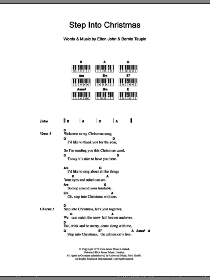 Step Into Christmas sheet music for piano solo (chords, lyrics, melody) by Elton John and Bernie Taupin, intermediate piano (chords, lyrics, melody)