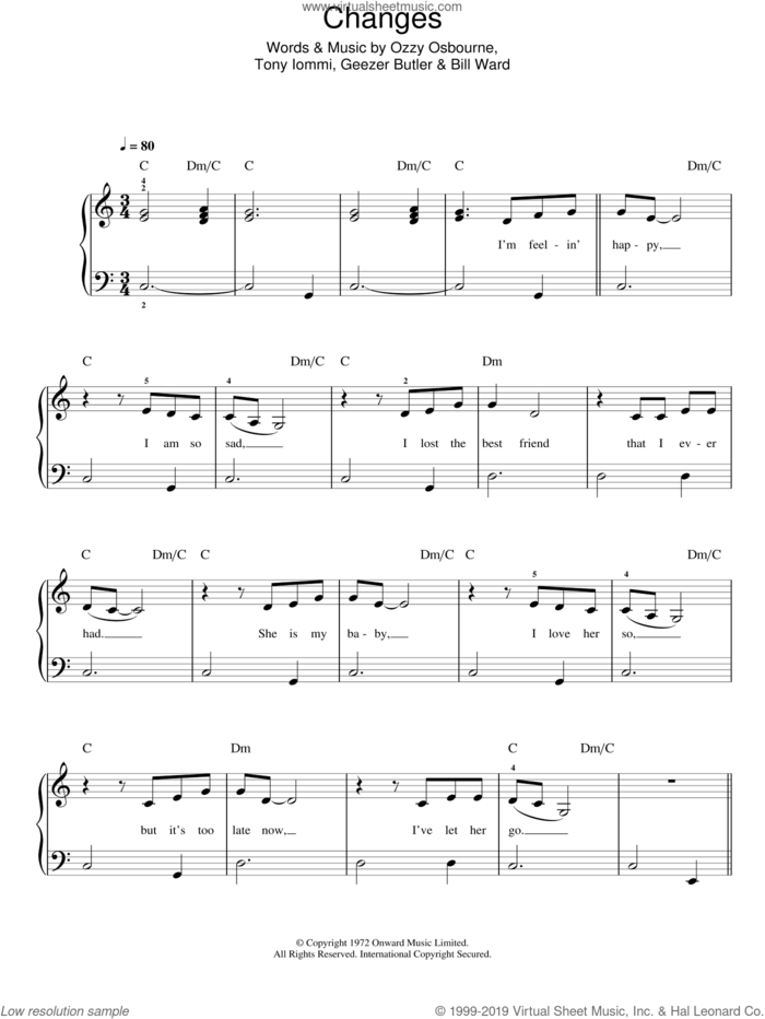 Changes sheet music for piano solo by Black Sabbath, Bill Ward, Geezer Butler, Ozzy Osbourne and Tony Iommi, easy skill level