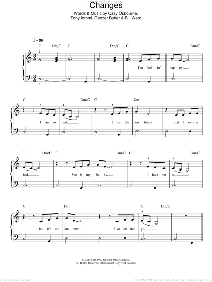 Changes sheet music for piano solo by Black Sabbath, Bill Ward, Geezer Butler, Ozzy Osbourne and Tony Iommi, easy skill level