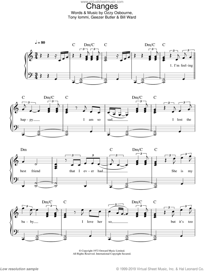 Changes sheet music for piano solo by Kelly & Ozzy Osbourne, Bill Ward, Geezer Butler, Ozzy Osbourne and Tony Iommi, easy skill level