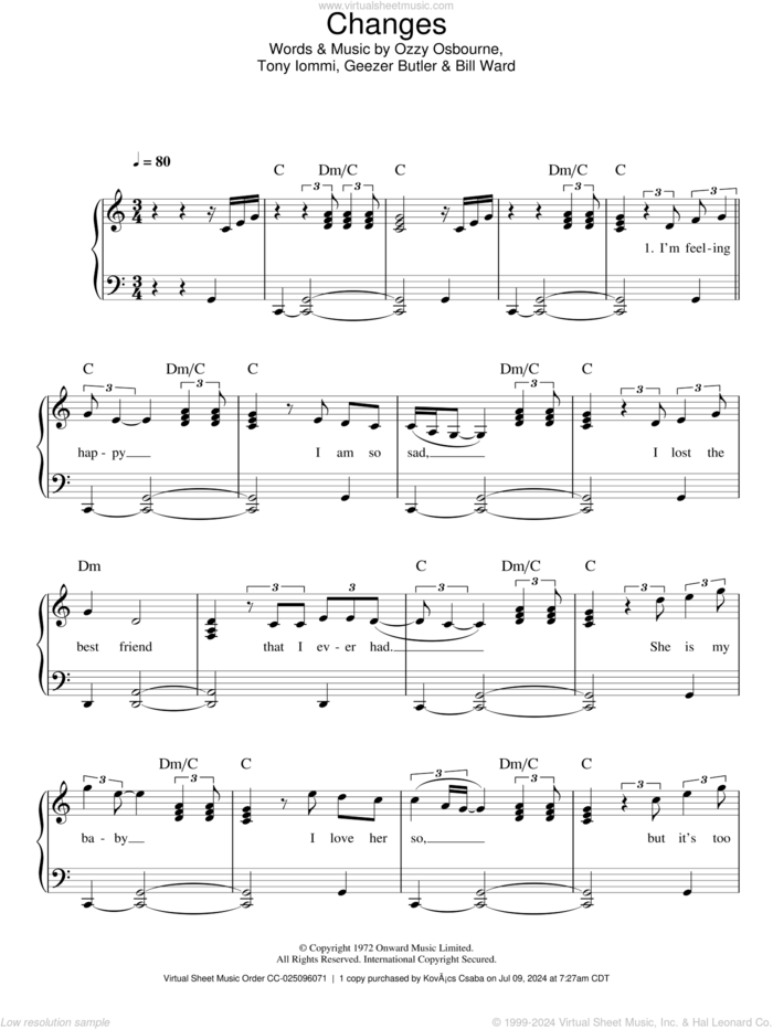 Changes sheet music for piano solo by Kelly & Ozzy Osbourne, Bill Ward, Geezer Butler, Ozzy Osbourne and Tony Iommi, easy skill level