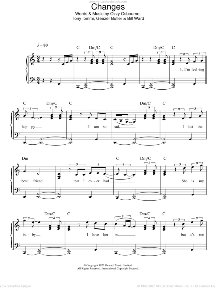 Changes sheet music for piano solo by Kelly & Ozzy Osbourne, Bill Ward, Geezer Butler, Ozzy Osbourne and Tony Iommi, easy skill level