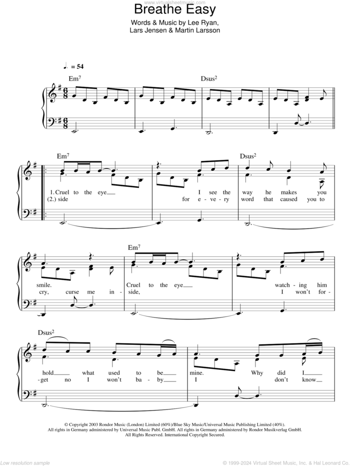 Breathe Easy sheet music for piano solo by Lee Ryan, Miscellaneous, Lars Jensen and Martin Larsson, easy skill level
