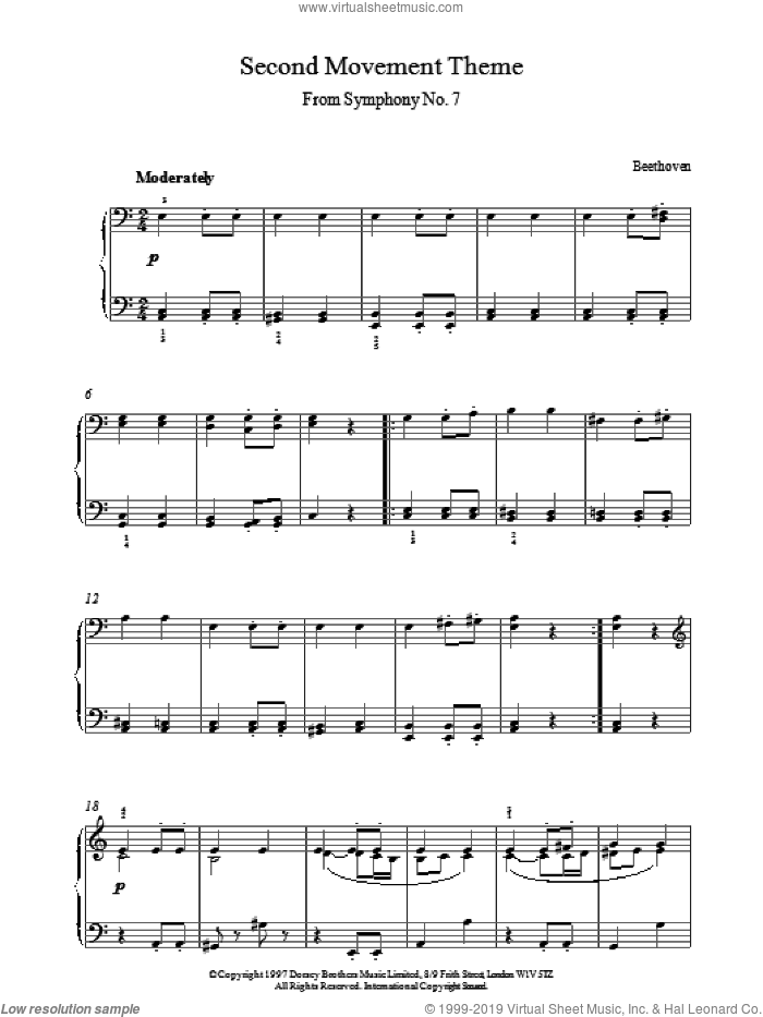 Second Movement Theme From Symphony No.7 sheet music for piano solo by Ludwig van Beethoven, classical score, intermediate skill level