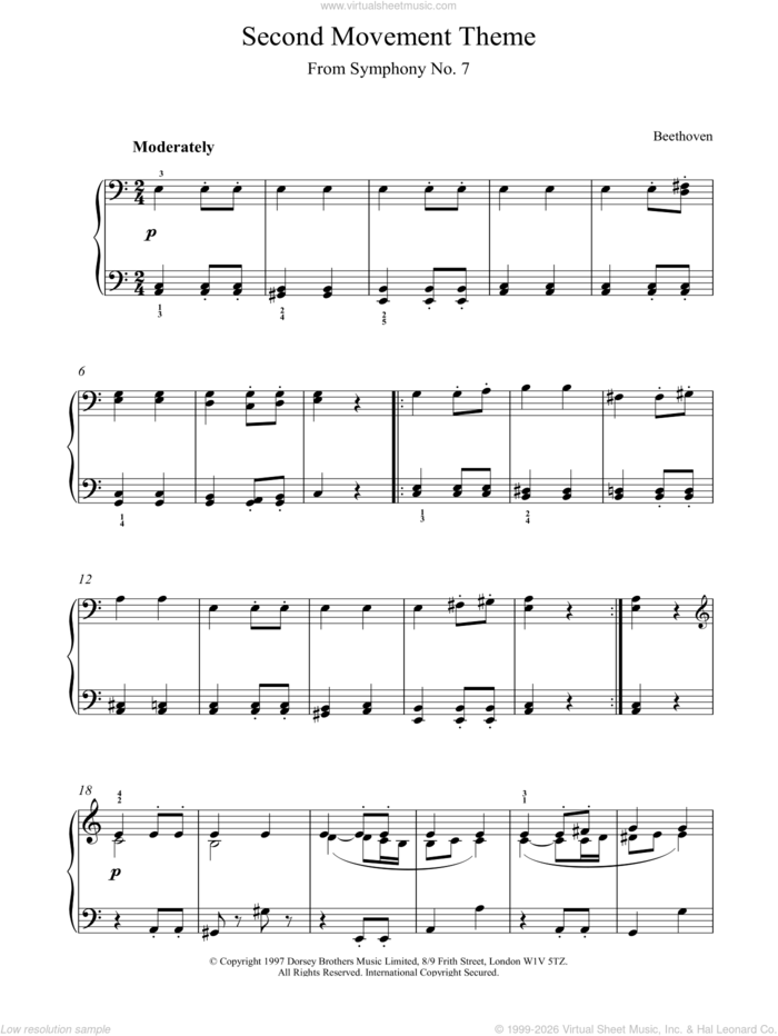 Second Movement Theme From Symphony No.7 sheet music for piano solo by Ludwig van Beethoven, classical score, intermediate skill level