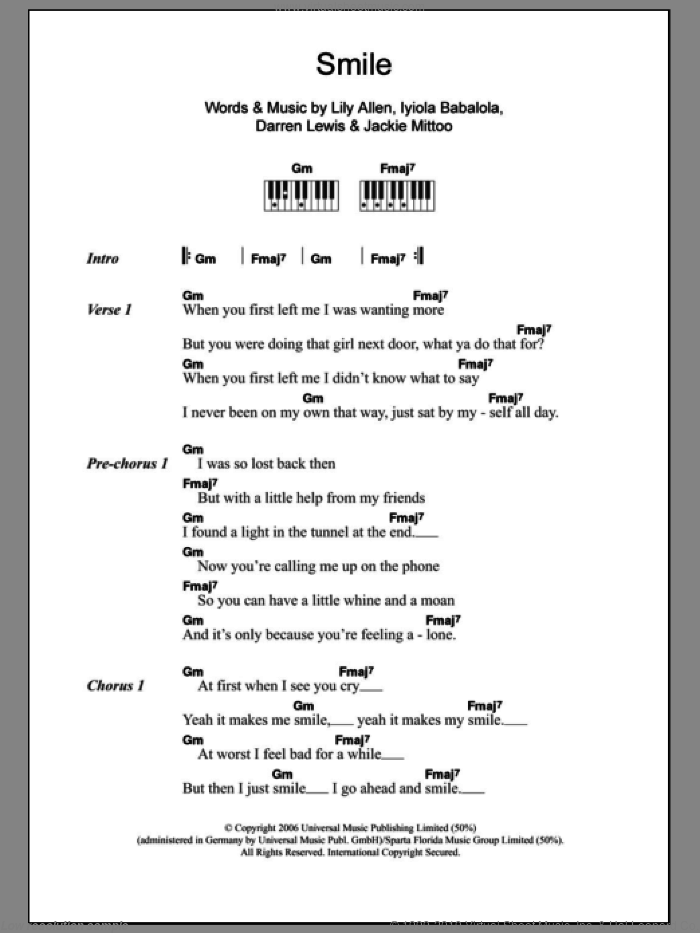 Smile sheet music for piano solo (chords, lyrics, melody) by Lily Allen, Darren Lewis, Iyiola Babalola and Jackie Mittoo, intermediate piano (chords, lyrics, melody)