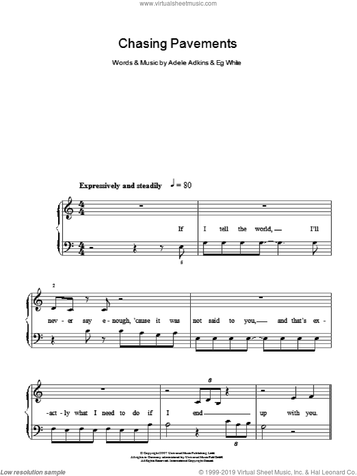 Chasing Pavements sheet music for piano solo by Adele, Adele Adkins and Eg White, easy skill level