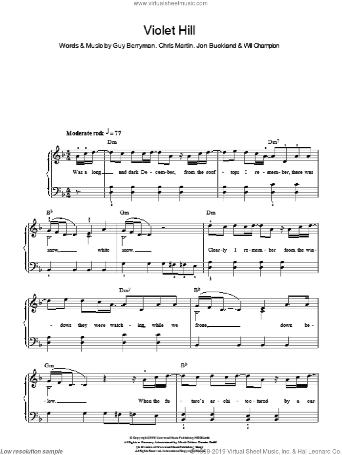 Violet Hill sheet music for piano solo by Coldplay, Chris Martin, Guy Berryman, Jon Buckland and Will Champion, easy skill level