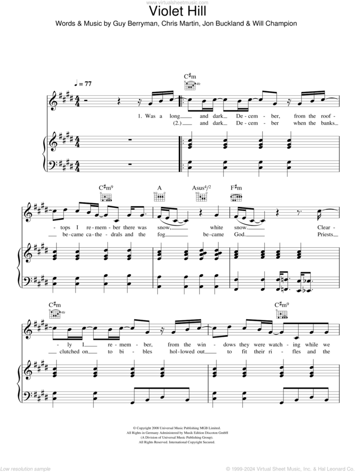 Violet Hill sheet music for voice, piano or guitar by Coldplay, Chris Martin, Guy Berryman, Jon Buckland and Will Champion, intermediate skill level