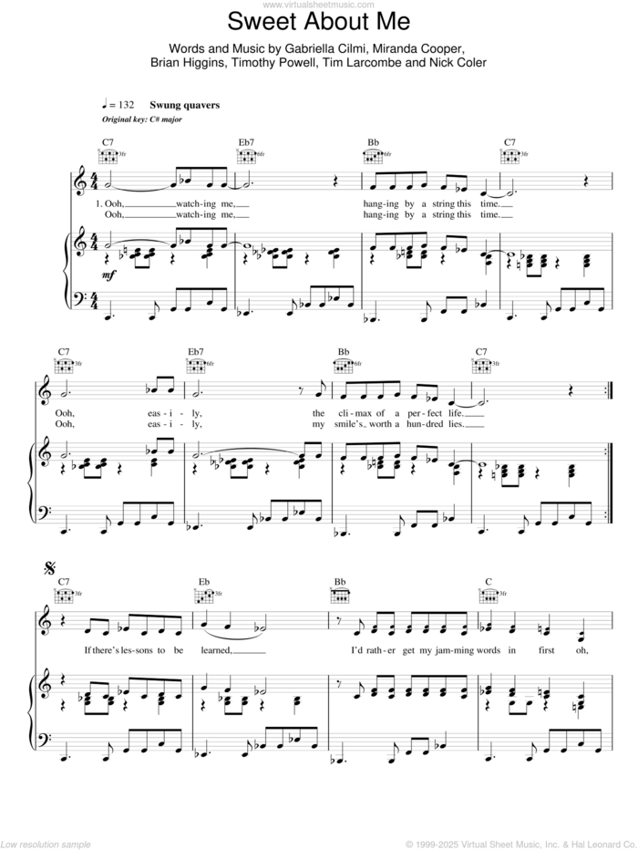 Sweet About Me sheet music for voice, piano or guitar by Gabriella Cilmi, Brian Higgins, Miranda Cooper, Nicholas Coler, Timothy Larcombe and Timothy Powell, intermediate skill level