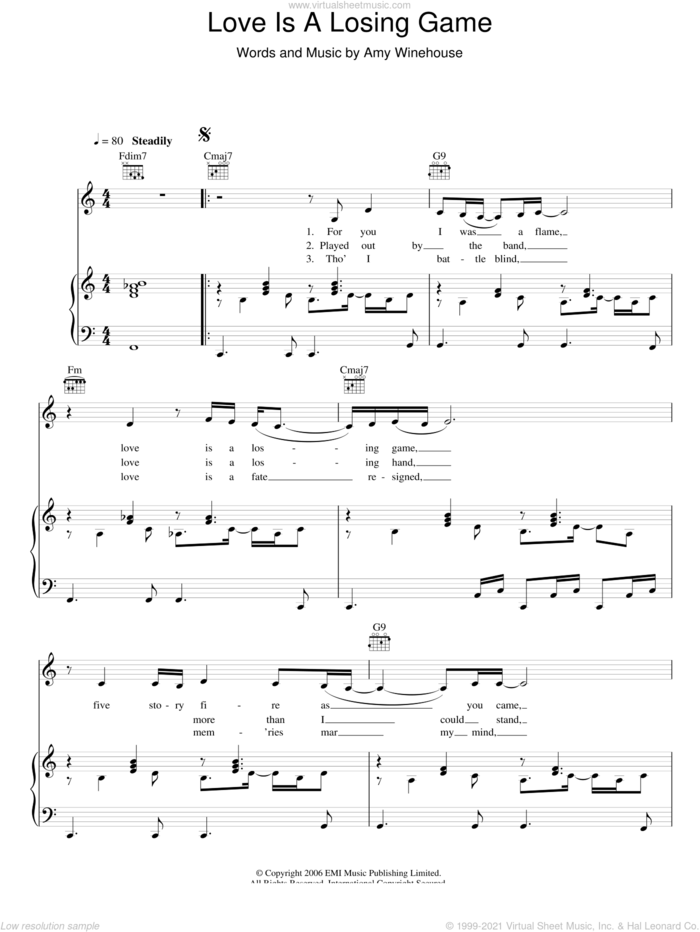Love Is A Losing Game sheet music for voice, piano or guitar by Amy Winehouse, intermediate skill level