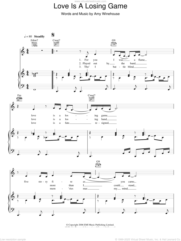 Love Is A Losing Game sheet music for voice, piano or guitar by Amy Winehouse, intermediate skill level