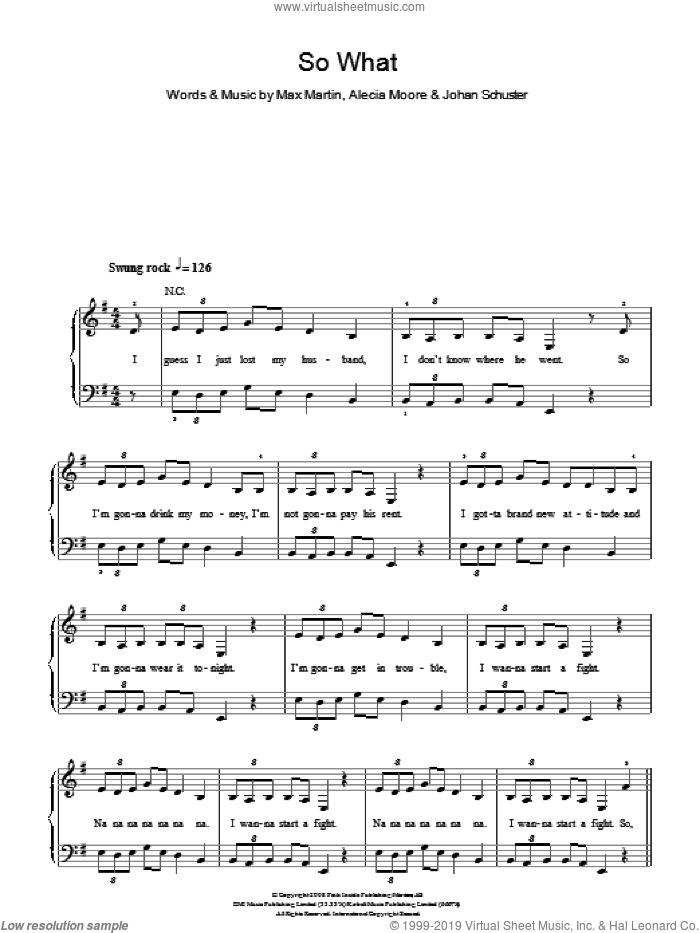 So What sheet music for piano solo by Max Martin, Miscellaneous, Alecia Moore and Johan Schuster, easy skill level