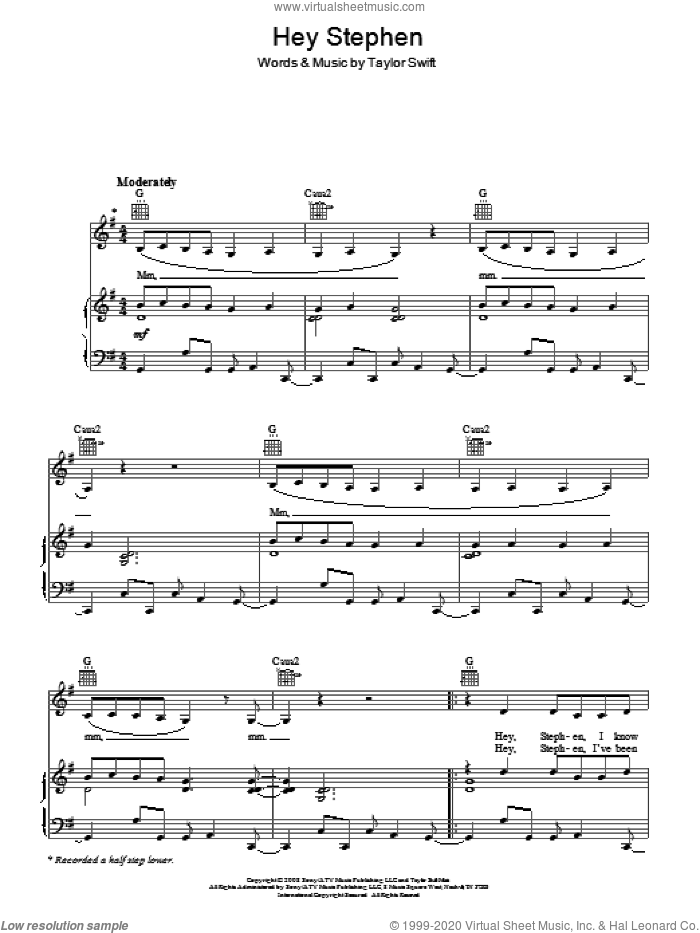 Hey Stephen sheet music for voice, piano or guitar by Taylor Swift, intermediate skill level
