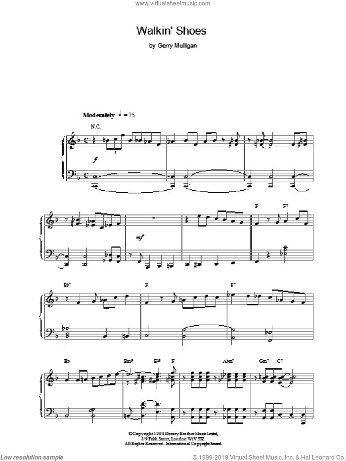 Walkin' Shoes sheet music for piano solo by Gerry Mulligan, intermediate skill level