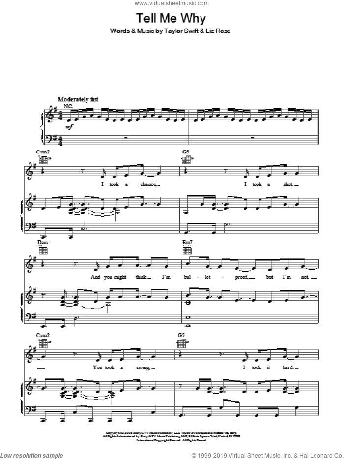 Tell Me Why sheet music for voice, piano or guitar by Taylor Swift and Liz Rose, intermediate skill level
